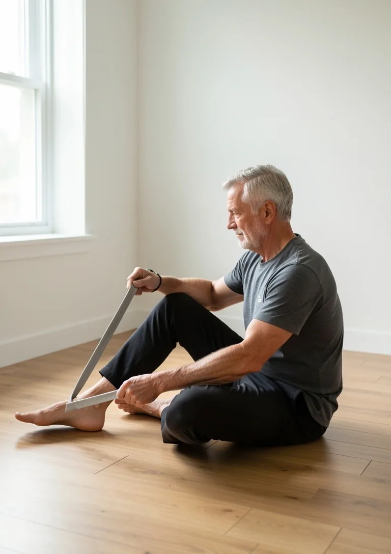Older adult doing a gentle stretch with a resistance band