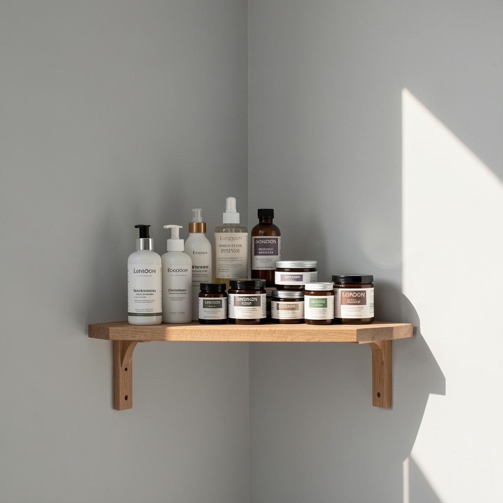 Sunlit corner of a minimalist London studio with pale grey walls, a wooden shelf displaying body care products and supplement jars in a carefully arranged editorial composition