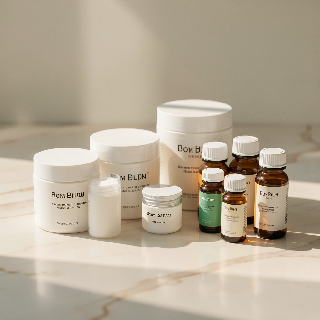 Studio still life arrangement of body cream jars and vitamin bottles on a pale marble surface with natural morning light
