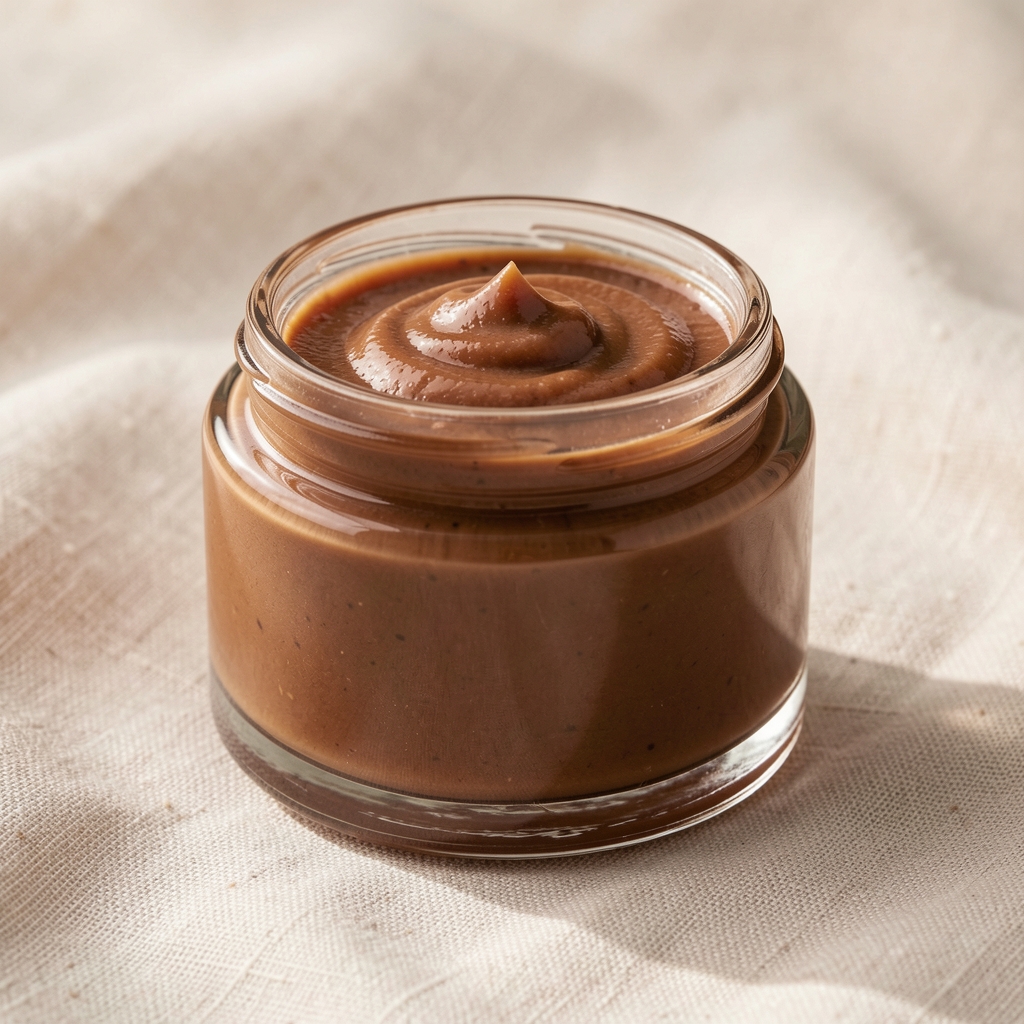 Elegant glass jar of rich body butter on a pale linen surface with soft natural light, botanical ingredient scatter