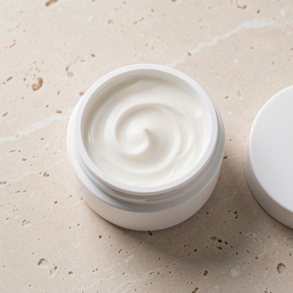 Open white body lotion jar with cream texture visible, overhead editorial shot on a pale stone surface