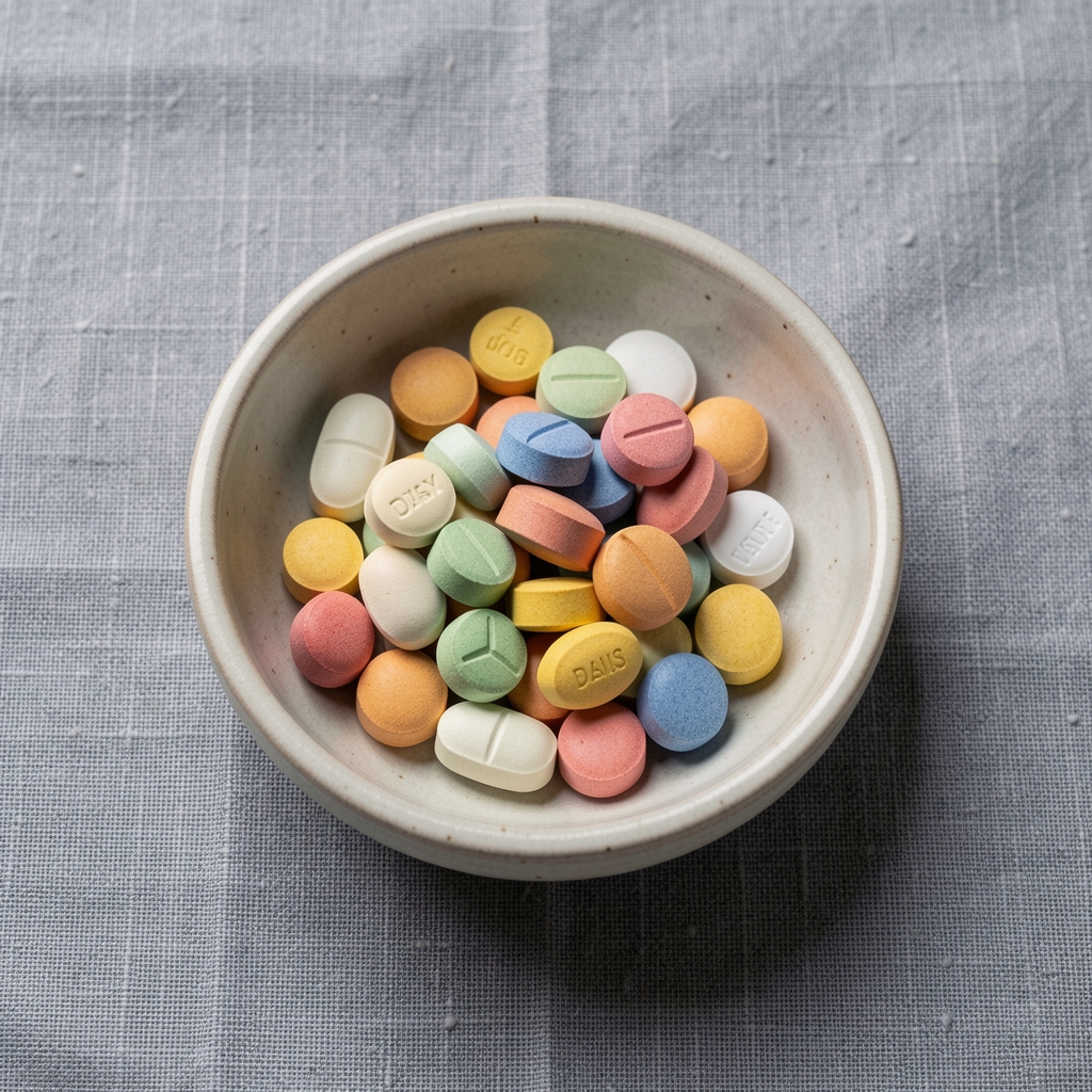 Daily supplement vitamin tablets displayed in a small ceramic dish on a cool grey linen background with soft overhead light